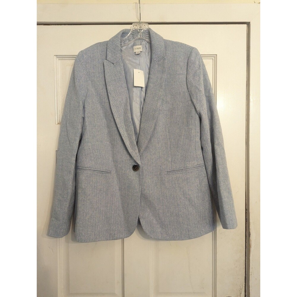NWT J.Crew Linen Cotton Herringbone Blazer Size 12 Light Blue One Button BO492